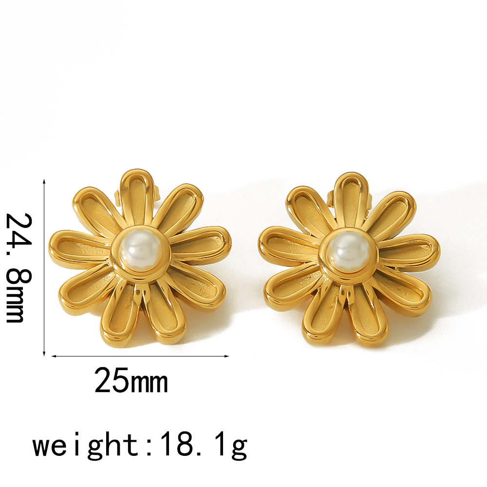 1 Par Estilo Vintage Estilo Francés Flor Pulido Enchapado Embutido Acero Inoxidable 304 Perlas Artificiales Chapados en oro de 18k Pendientes display picture 5