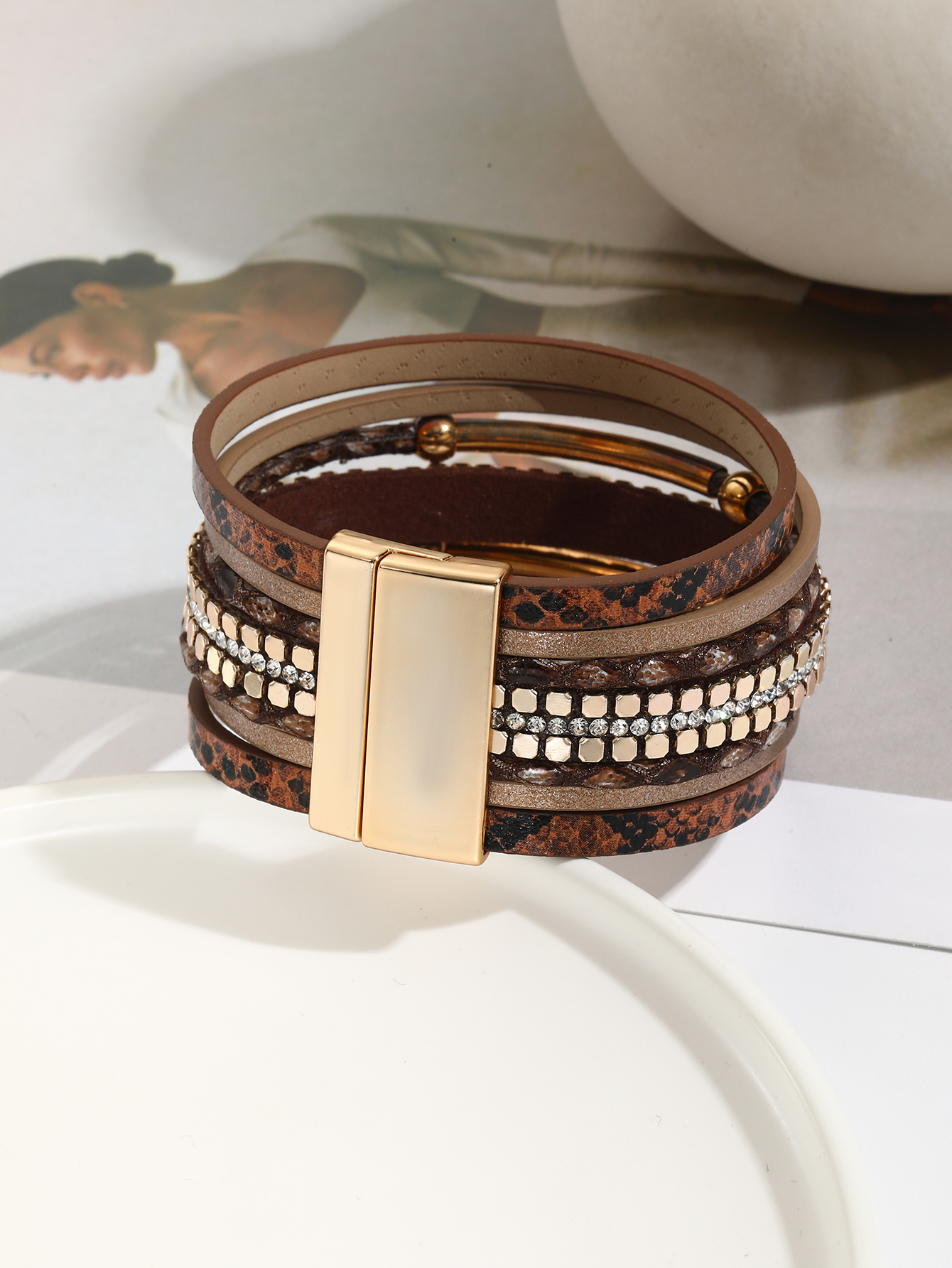 Simple Style Color Block Pu Leather Layered Plating Inlay Rhinestones Women's Bangle display picture 2