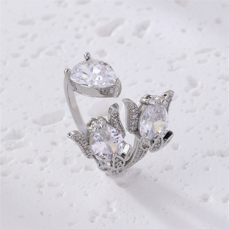Copper Rhodium Plated Elegant Lady Modern Style Inlay Irregular Circle Round Zircon Open Rings display picture 5