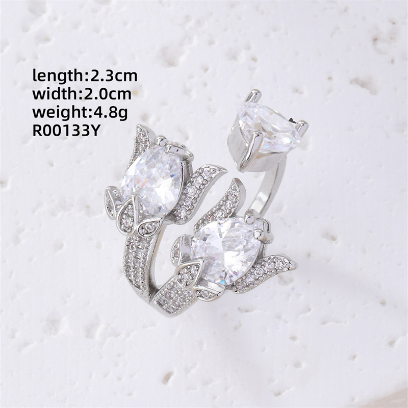 Copper Rhodium Plated Elegant Lady Modern Style Inlay Irregular Circle Round Zircon Open Rings display picture 6