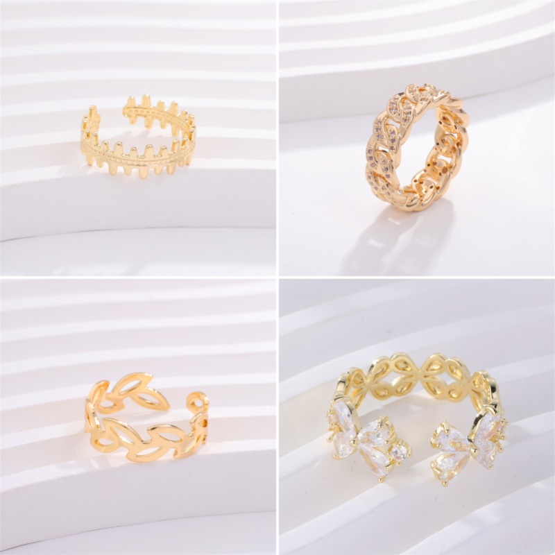 Copper K Gold Plated Elegant Cute Lady Hollow Out Inlay Leaf Circle Round Zircon Open Rings display picture 4