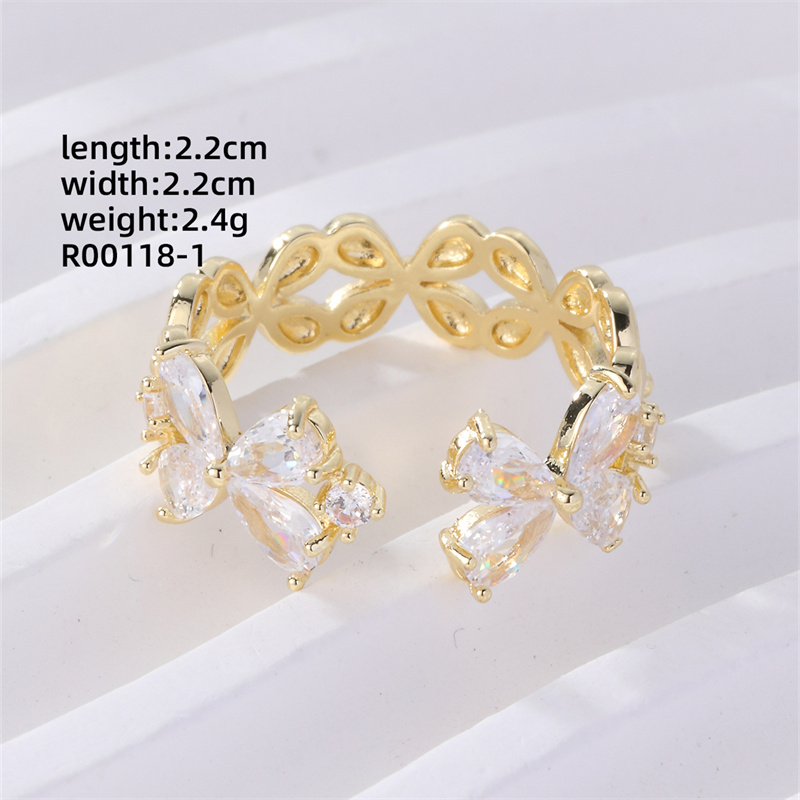 Copper K Gold Plated Elegant Cute Lady Hollow Out Inlay Leaf Circle Round Zircon Open Rings display picture 7