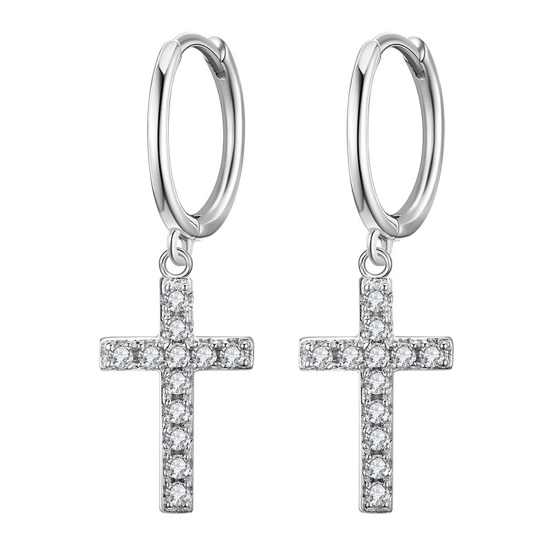 1 Pair Elegant Lady Cross Inlay Sterling Silver Zircon Drop Earrings display picture 3