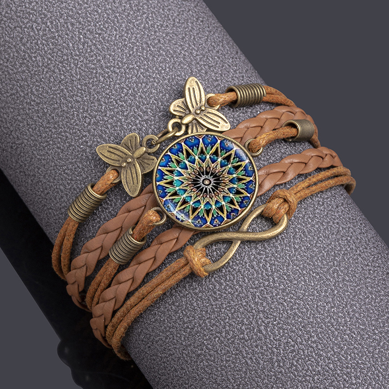 Retro Infinity Flower Butterfly Pu Leather Layered Inlay Glass Unisex Bangle display picture 5