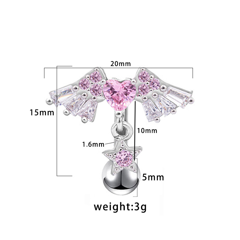 1 Piece Lip Rings Simple Style Shiny Heart Shape Wings 316 Stainless Steel  Alloy Inlay Rhinestones Glass White Gold Plated display picture 4