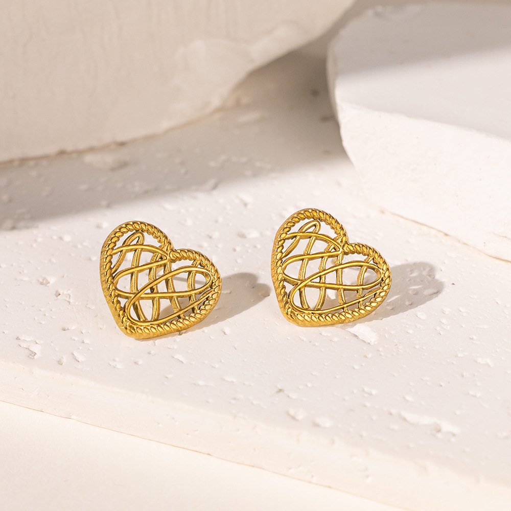 1 Pair Elegant Commute Heart Shape Hollow Out Inlay 304 Stainless Steel Artificial Rhinestones Plastic 18K Gold Plated Ear Studs display picture 4
