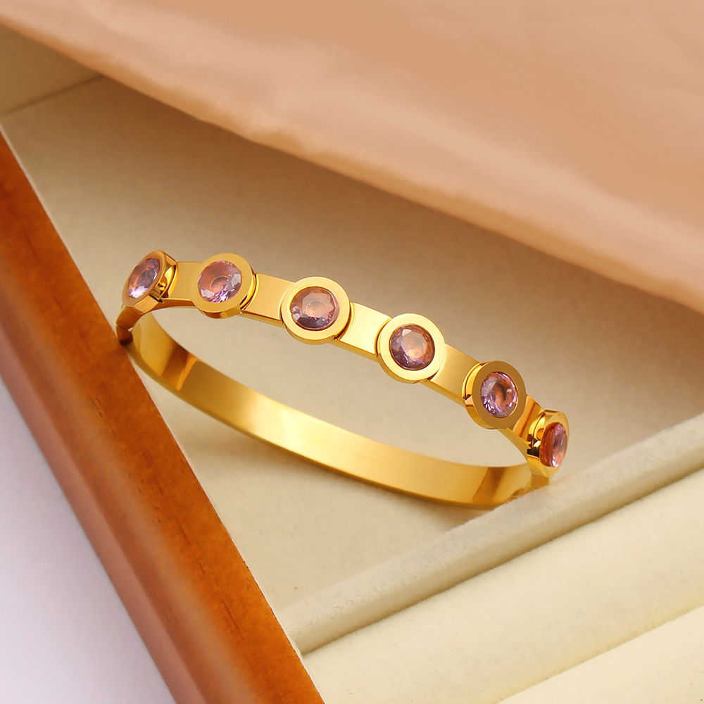 304 Stainless Steel 18K Gold Plated Casual Vintage Style Plating Inlay Solid Color Rhinestones Bangle display picture 7