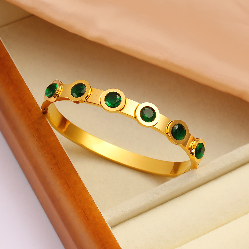 304 Stainless Steel 18K Gold Plated Casual Vintage Style Plating Inlay Solid Color Rhinestones Bangle display picture 8