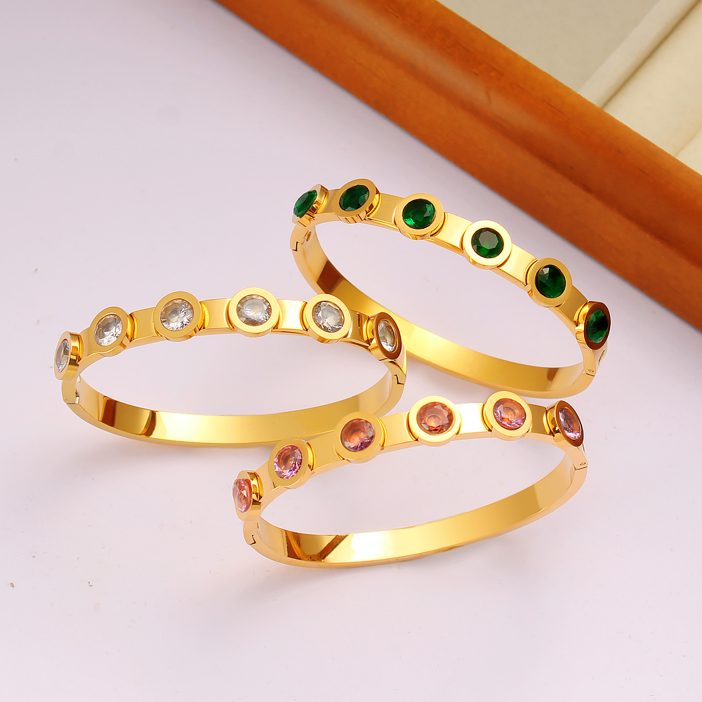 304 Stainless Steel 18K Gold Plated Casual Vintage Style Plating Inlay Solid Color Rhinestones Bangle display picture 10