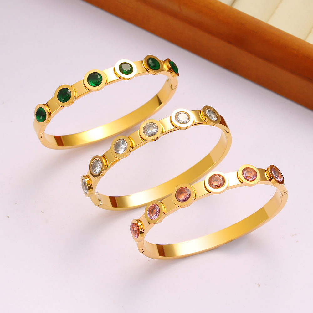 304 Stainless Steel 18K Gold Plated Casual Vintage Style Plating Inlay Solid Color Rhinestones Bangle display picture 13
