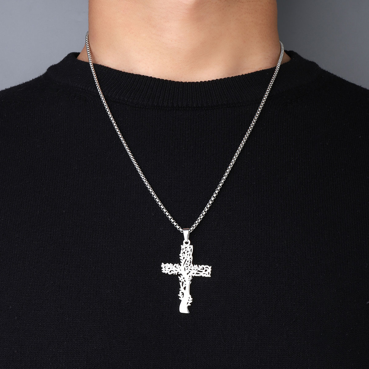 201 Stainless Steel Hip-Hop Hollow Out Human Cross Tree Pendant Necklace display picture 1