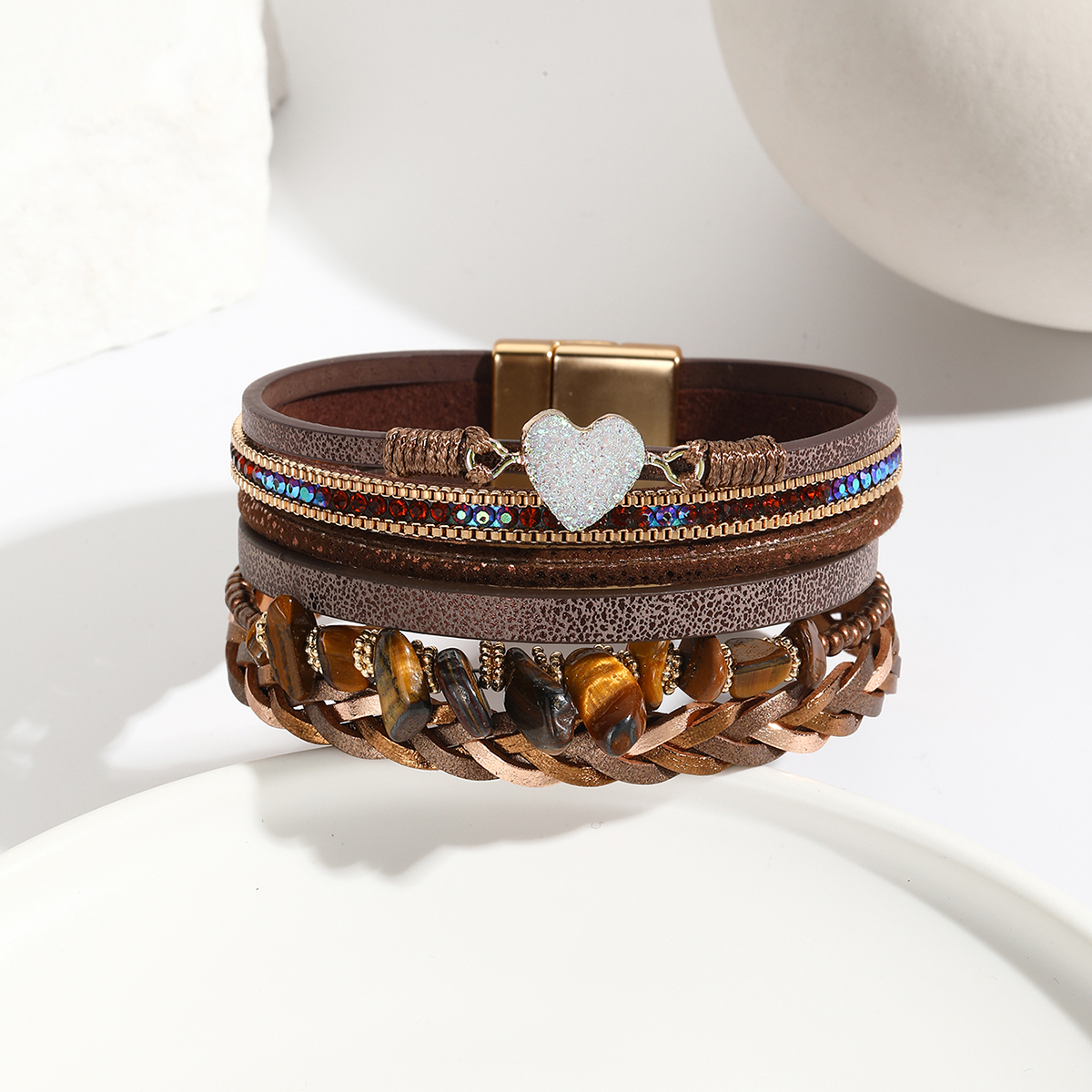 Ethnic Style Classic Style Heart Shape Pu Leather Inlay Rhinestones Women's Bracelets display picture 6
