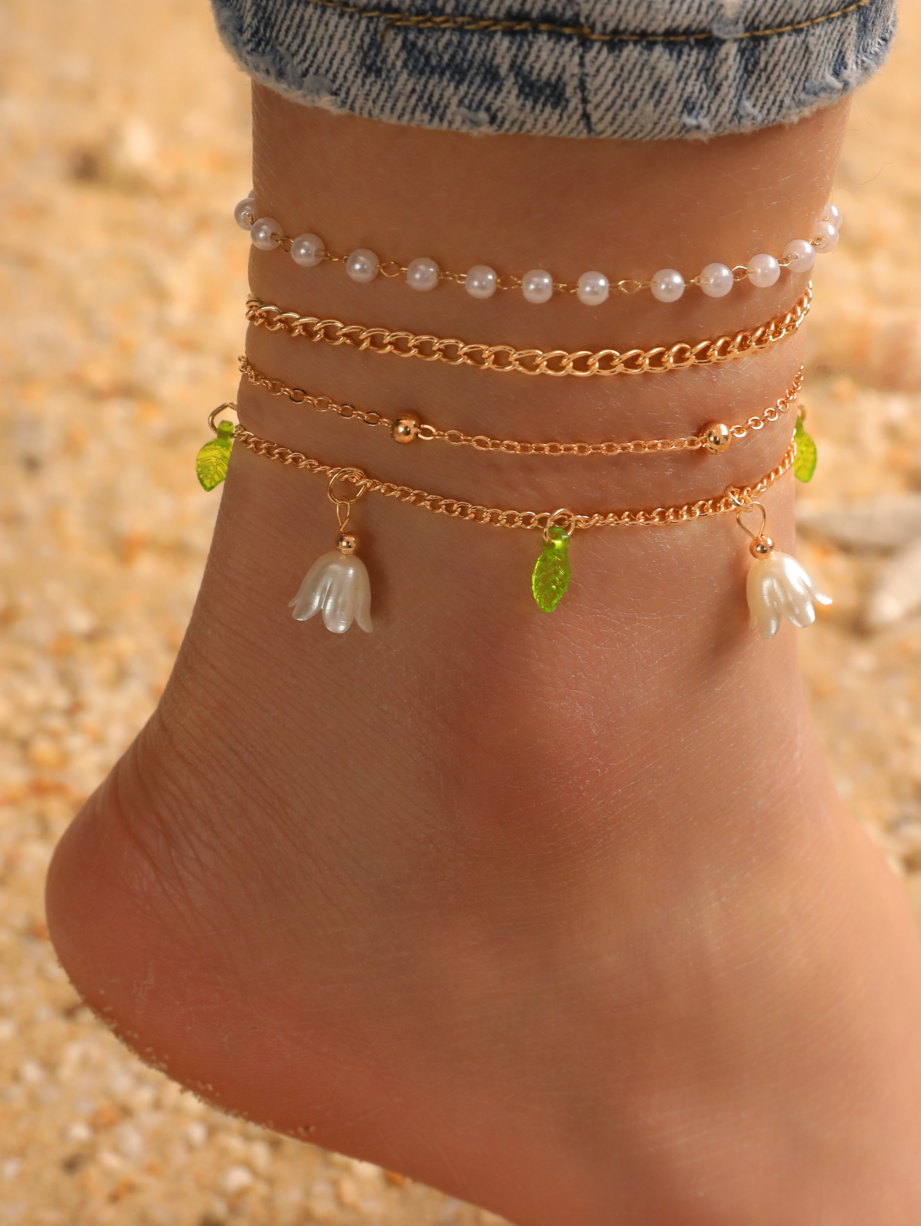 Beach Sweet Leaves Flower Alloy Wholesale Anklet display picture 3