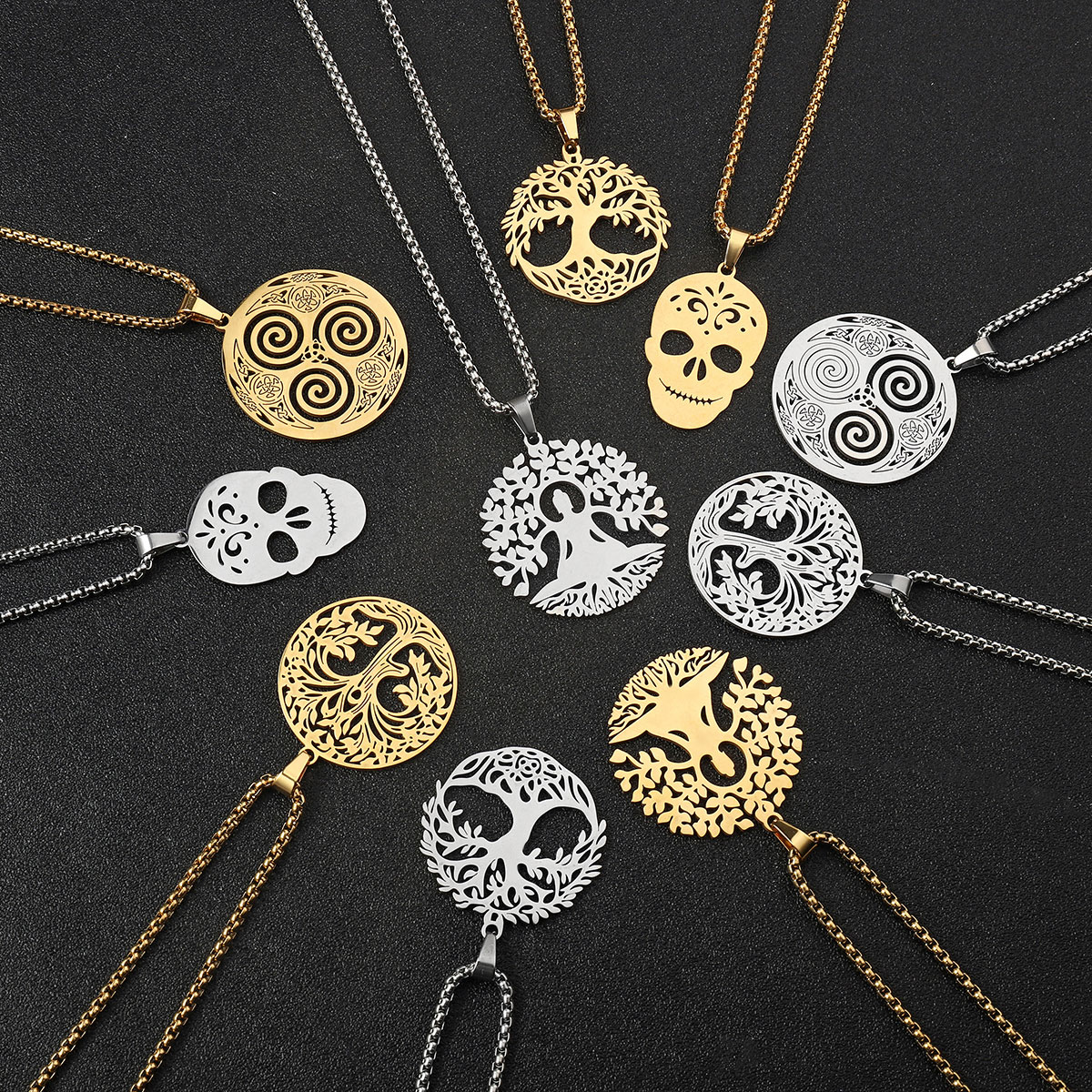 201 Stainless Steel Hip-Hop Hollow Out Round Life Tree Skull Pendant Necklace display picture 5