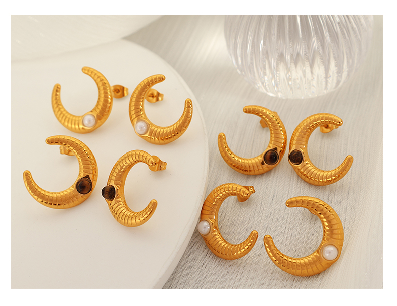 1 Paire Style Vintage Lune Placage Incruster Acier Au Titane Pierre De Verre Plaqué Or 18K Boucles D'Oreilles display picture 4