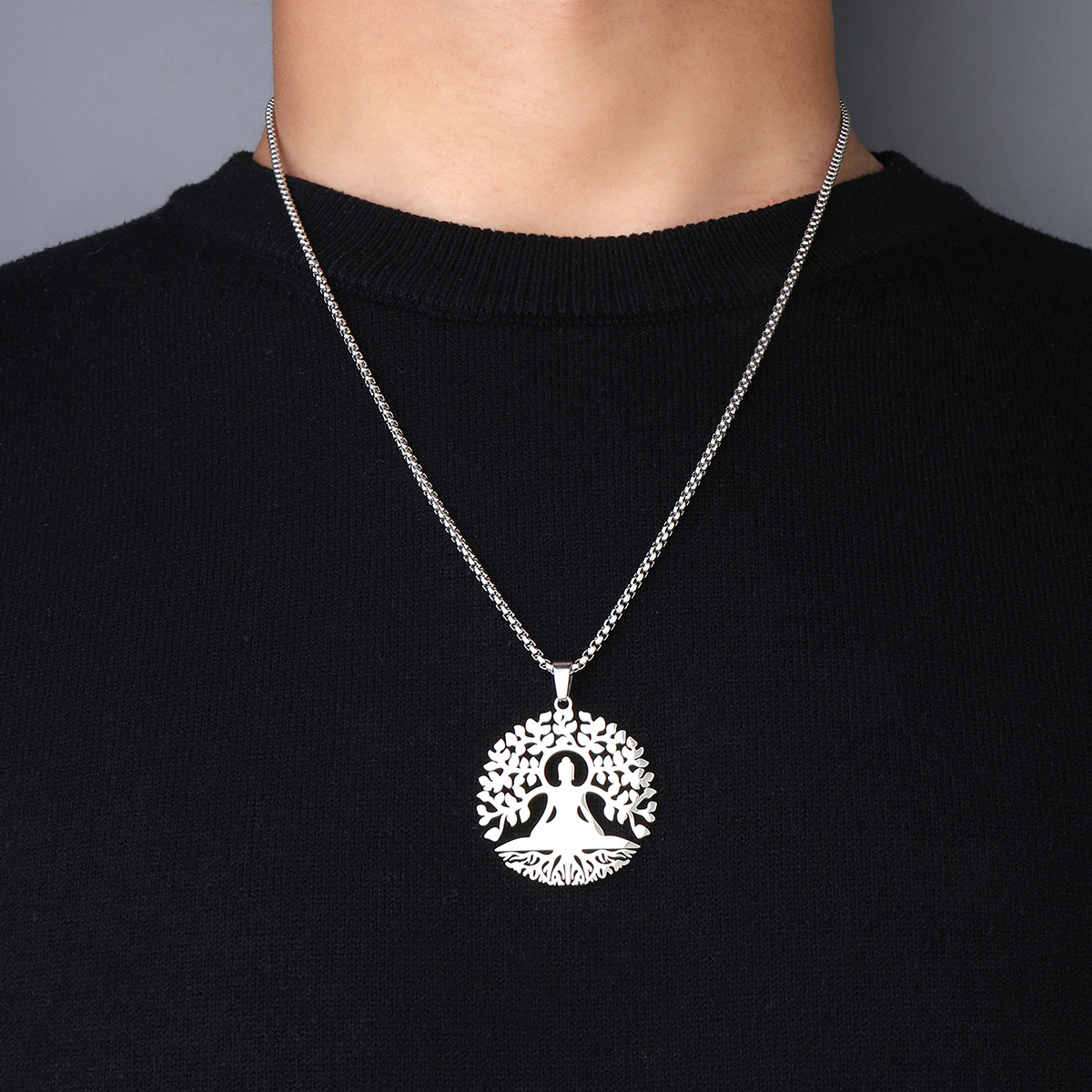 201 Stainless Steel Hip-Hop Hollow Out Round Life Tree Skull Pendant Necklace display picture 19