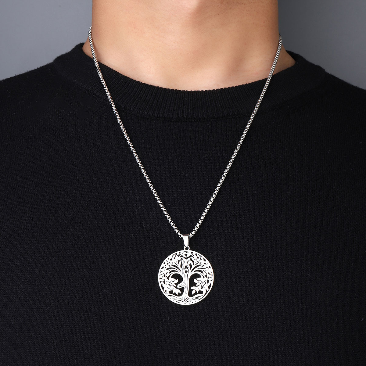 201 Stainless Steel Hip-Hop Hollow Out Round Life Tree Skull Pendant Necklace display picture 15