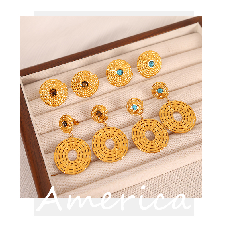 1 Par Estilo Vintage Estilo Simple Color Sólido Enchapado Embutido Acero Titanio Turquesa Chapados en oro de 18k Pendientes De Gota display picture 1