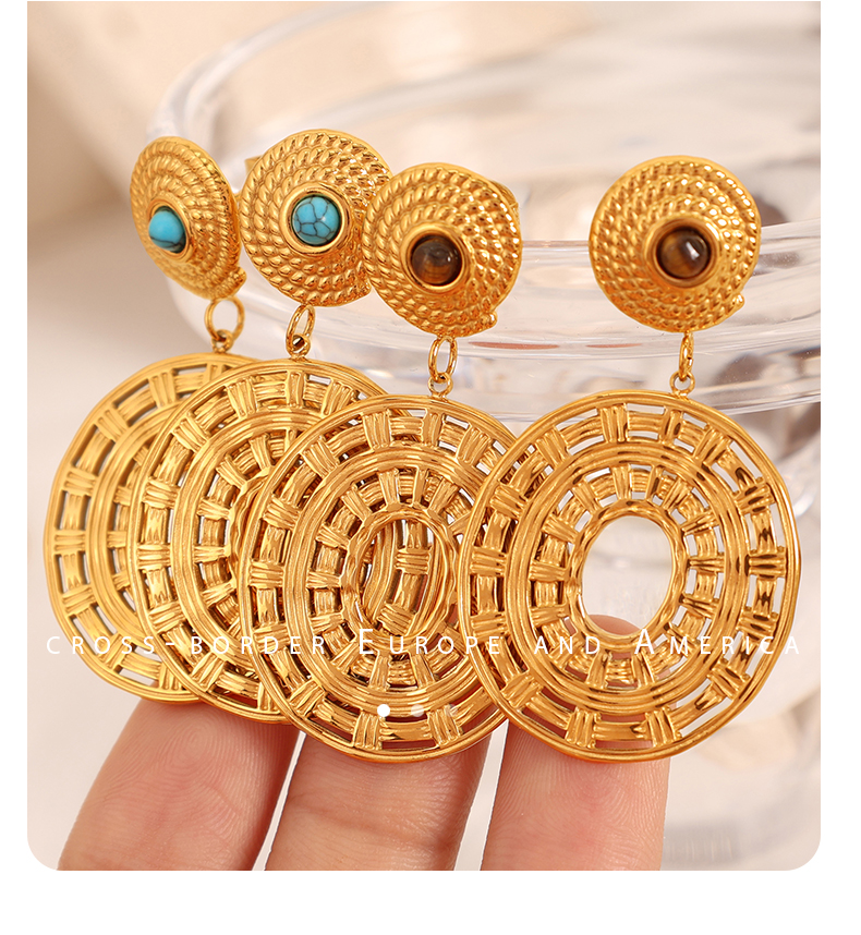 1 Pair Vintage Style Simple Style Solid Color Plating Inlay Titanium Steel Turquoise 18K Gold Plated Drop Earrings display picture 10