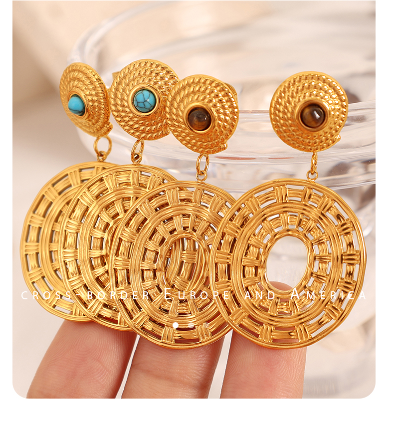 1 Par Estilo Vintage Estilo Simple Color Sólido Enchapado Embutido Acero Titanio Turquesa Chapados en oro de 18k Pendientes De Gota display picture 10