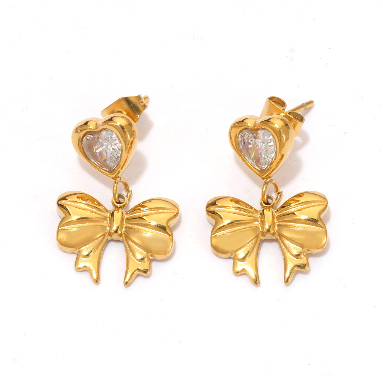 1 Pair Vintage Style Sweet Commute Heart Shape Bow Knot Inlay 304 Stainless Steel Zircon White Gold Plated Gold Plated Drop Earrings display picture 5