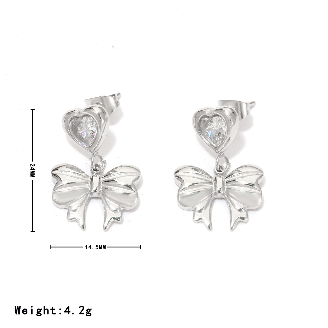 1 Pair Vintage Style Sweet Commute Heart Shape Bow Knot Inlay 304 Stainless Steel Zircon White Gold Plated Gold Plated Drop Earrings display picture 4