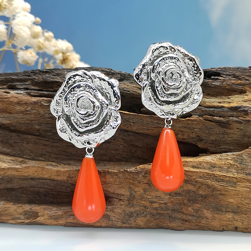 1 Pair Classical French Style Romantic Geometric Rose Natural Stone Resin Copper Drop Earrings Ear Studs display picture 5