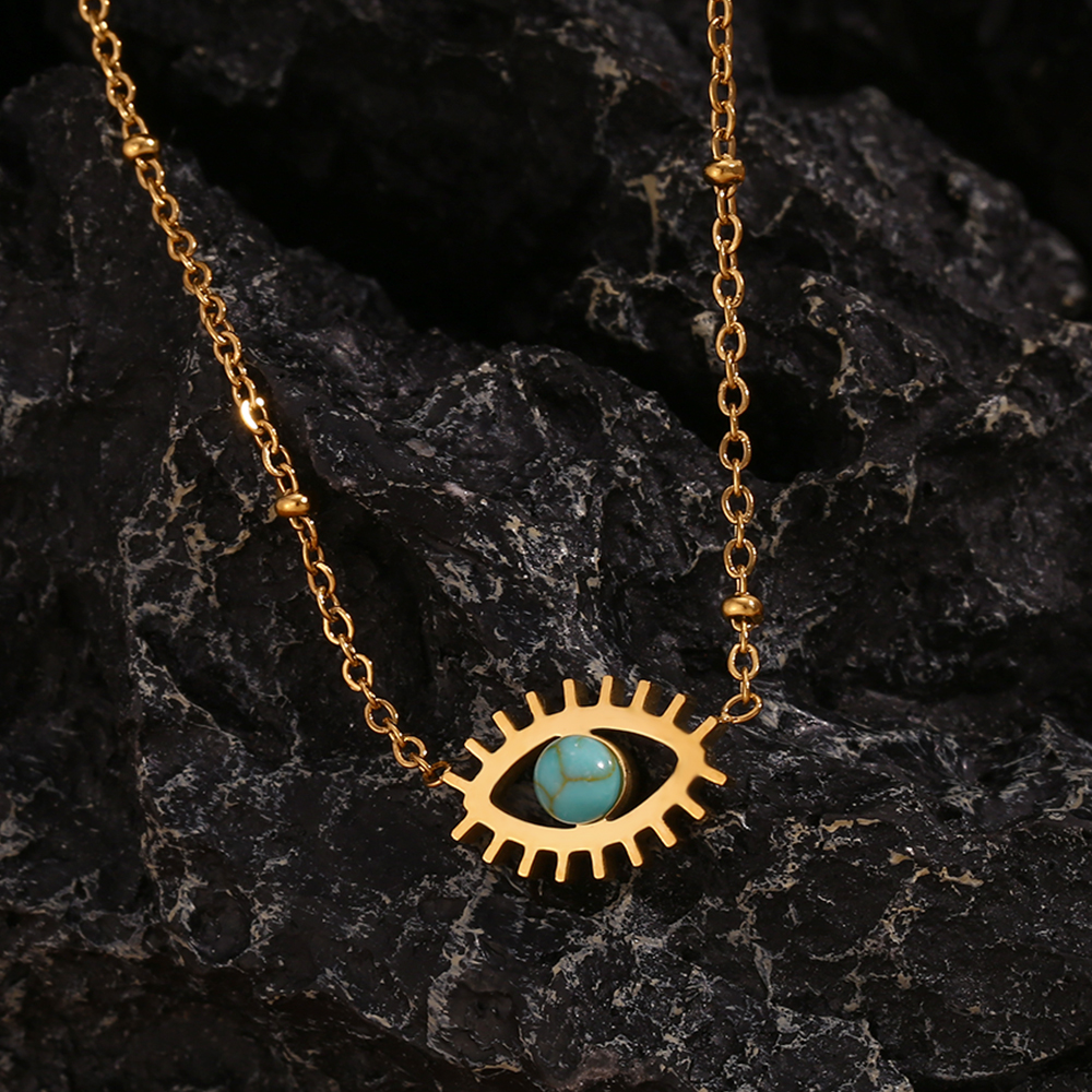 304 Stainless Steel 18K Gold Plated Vintage Style Simple Style Classic Style Plating Hollow Out Inlay Devil's Eye Turquoise Necklace display picture 1