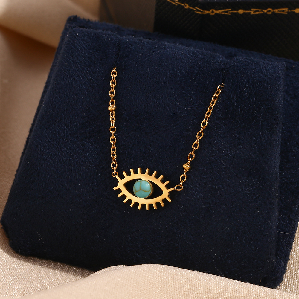 304 Stainless Steel 18K Gold Plated Vintage Style Simple Style Classic Style Plating Hollow Out Inlay Devil's Eye Turquoise Necklace display picture 7