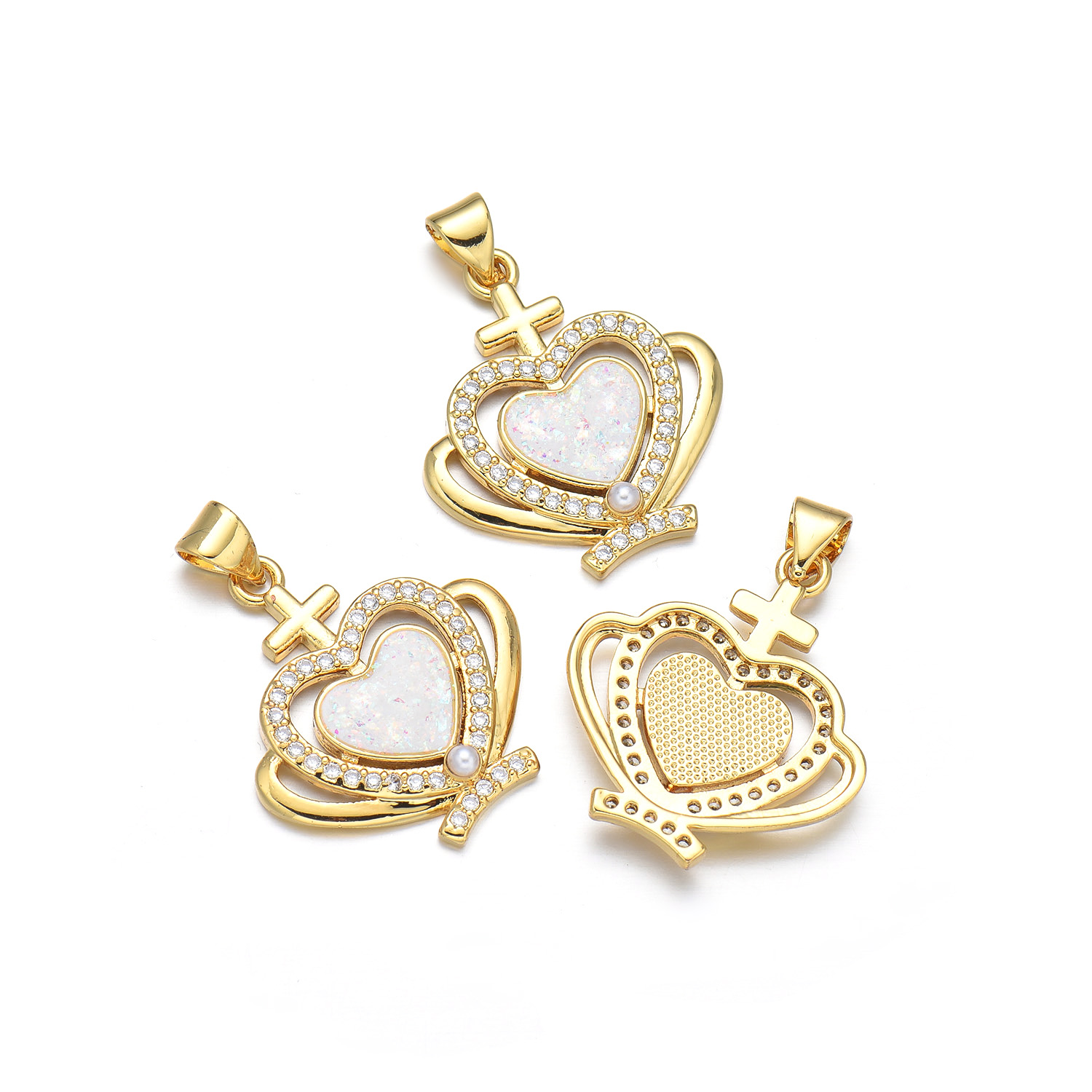 1 Piece 19*28mm 20 * 21mm 21 * 24mm Copper Pearl Zircon 18K Gold Plated Heart Shape Wings Polished Pendant display picture 7