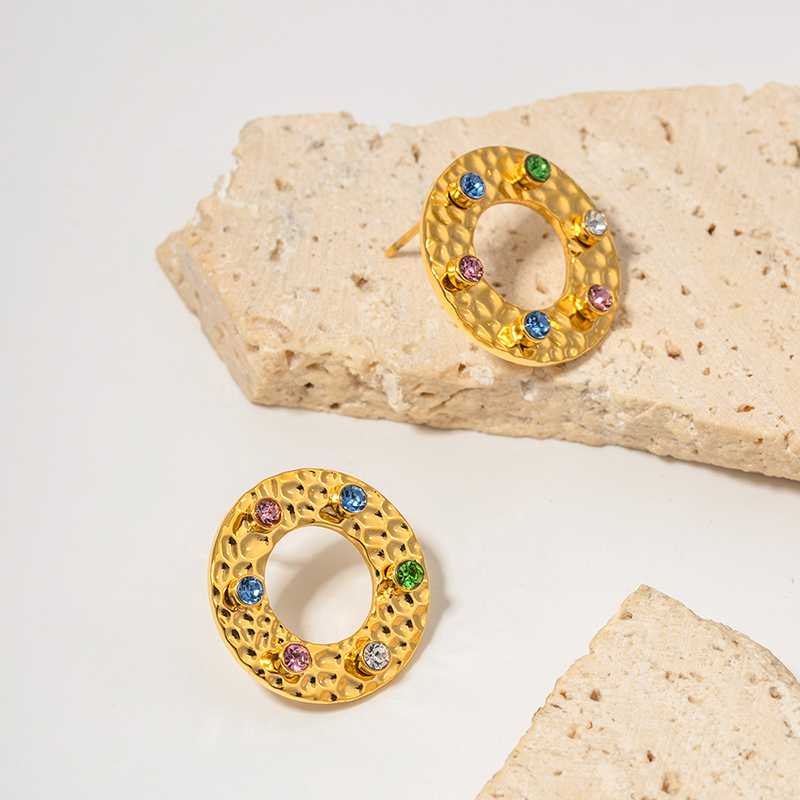 1 Pair IG Style Basic Classic Style Round Inlay 304 Stainless Steel Colorful 18K Gold Plated Ear Studs display picture 5