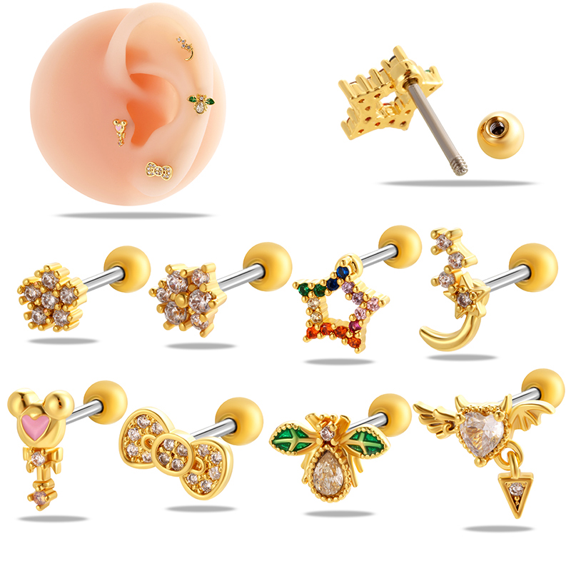 1 Piece Ear Cartilage Rings & Studs Simple Style Classic Style Star Heart Shape Bow Knot Copper Heart Star Bowknot Zircon Ear Cartilage Rings & Studs display picture 27
