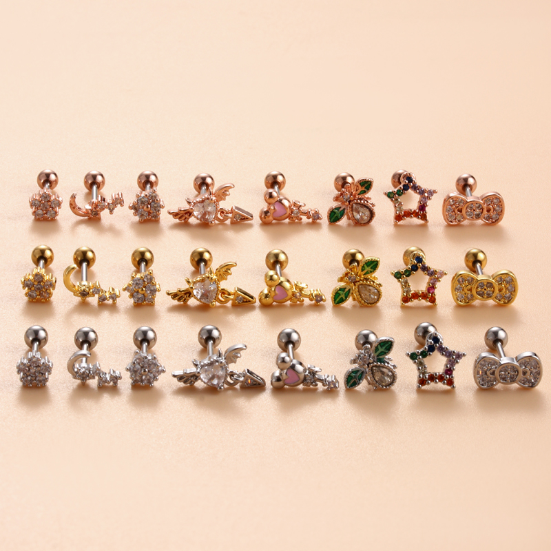 1 Piece Ear Cartilage Rings & Studs Simple Style Classic Style Star Heart Shape Bow Knot Copper Heart Star Bowknot Zircon Ear Cartilage Rings & Studs display picture 28