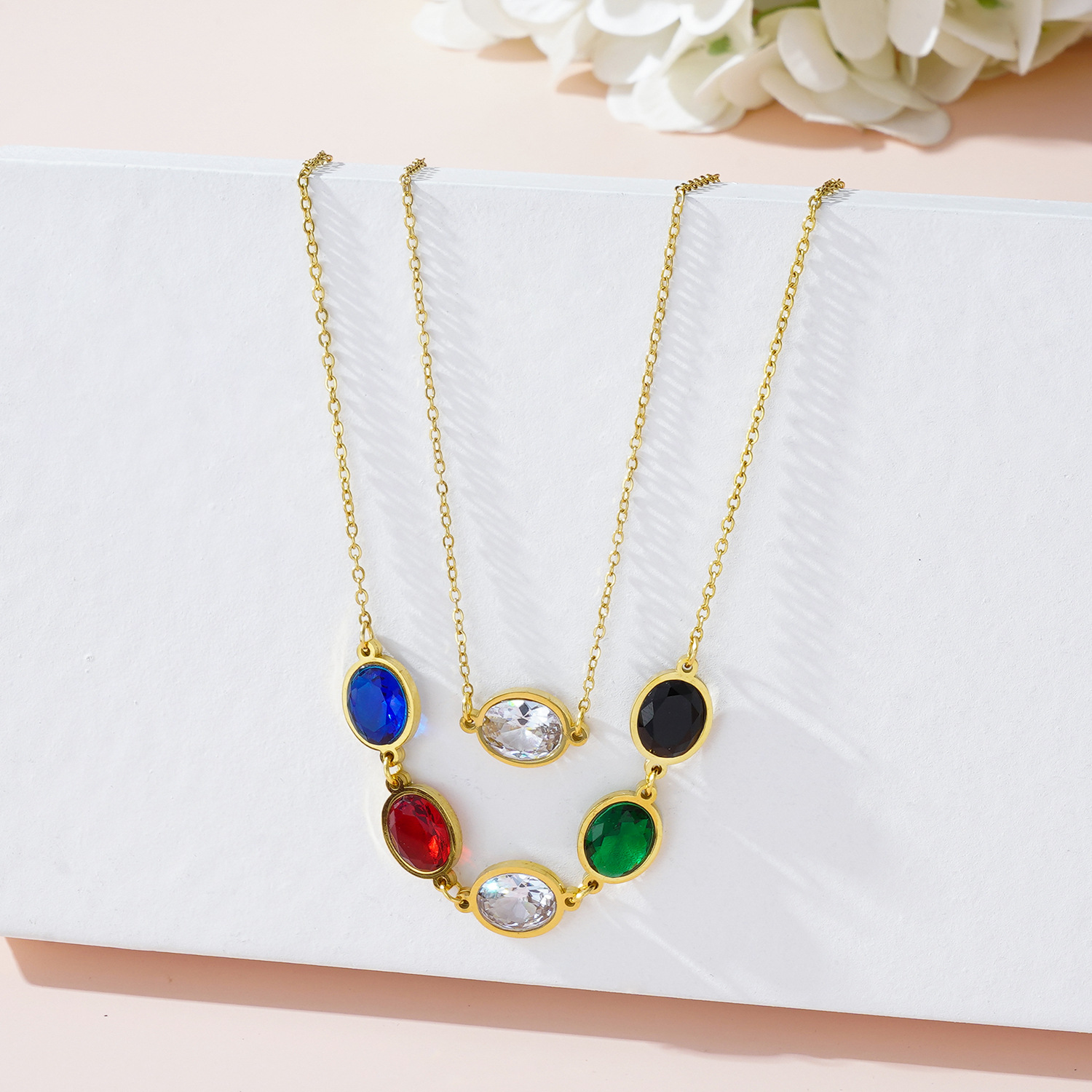 201 Stainless Steel 18K Gold Plated Simple Style Layered Plating Diamond Color Block Rhinestones Double Layer Necklaces display picture 3