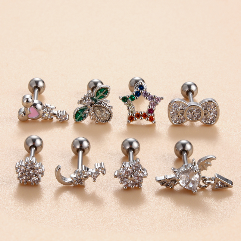 1 Piece Ear Cartilage Rings & Studs Simple Style Classic Style Star Heart Shape Bow Knot Copper Heart Star Bowknot Zircon Ear Cartilage Rings & Studs display picture 33