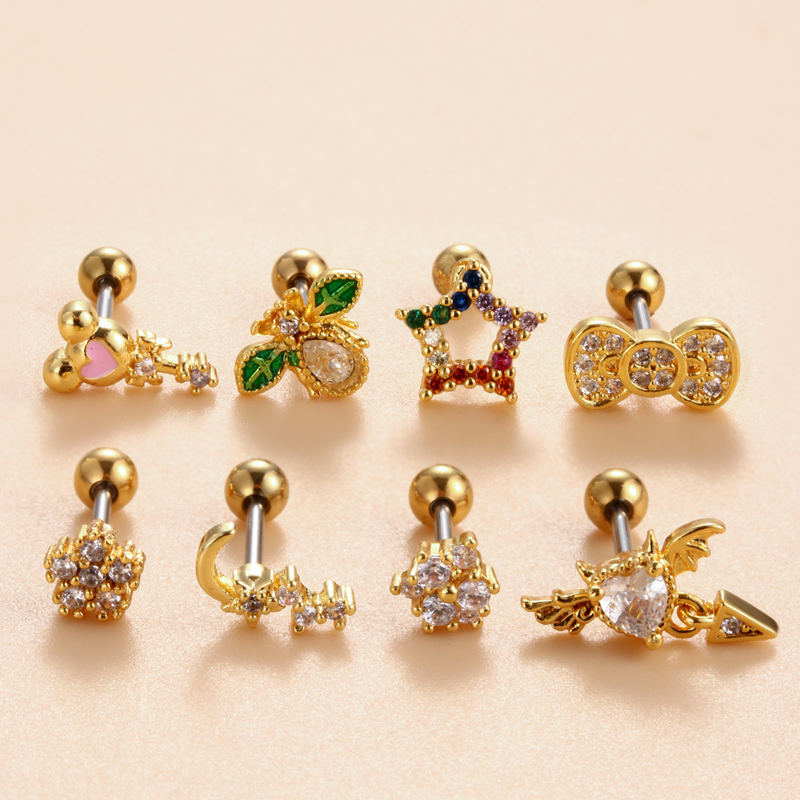 1 Piece Ear Cartilage Rings & Studs Simple Style Classic Style Star Heart Shape Bow Knot Copper Heart Star Bowknot Zircon Ear Cartilage Rings & Studs display picture 32