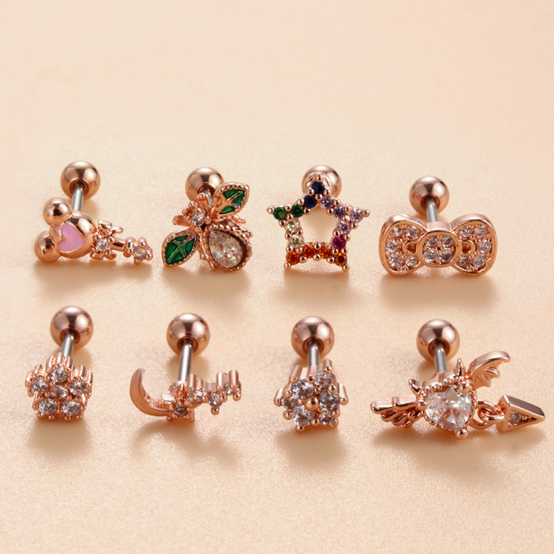 1 Piece Ear Cartilage Rings & Studs Simple Style Classic Style Star Heart Shape Bow Knot Copper Heart Star Bowknot Zircon Ear Cartilage Rings & Studs display picture 34