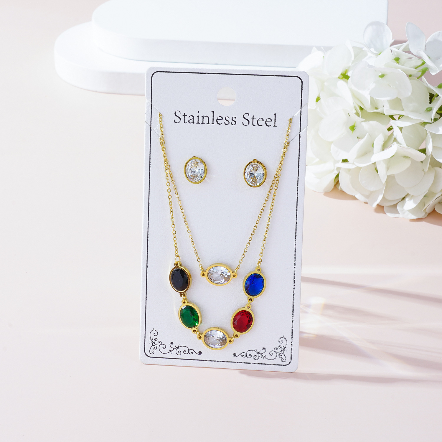 201 Stainless Steel 18K Gold Plated Simple Style Layered Plating Diamond Color Block Rhinestones Double Layer Necklaces display picture 5