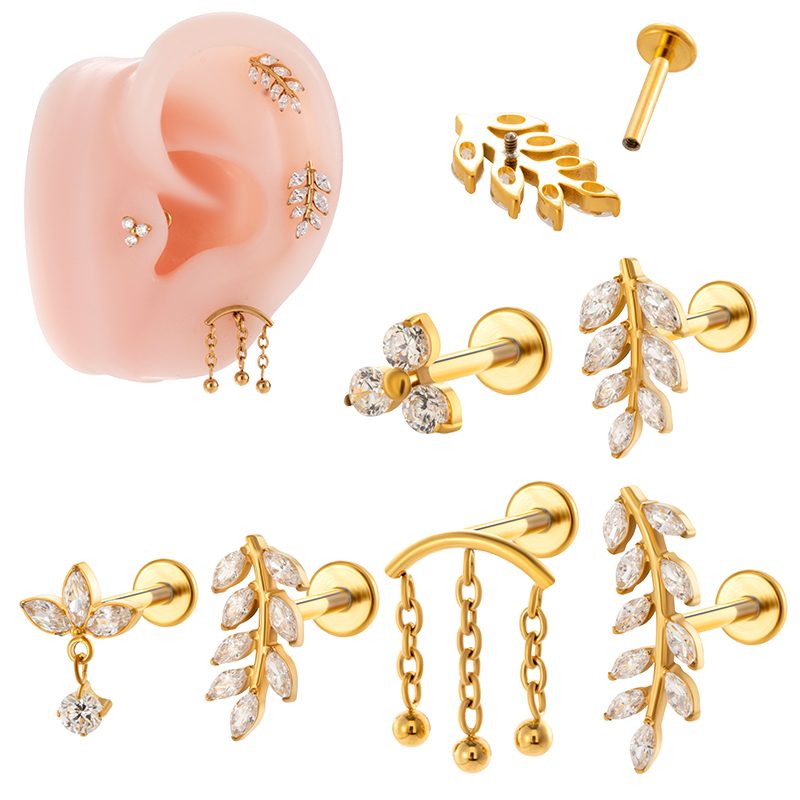 1 Piece Ear Cartilage Rings & Studs Simple Style Classic Style Leaves Chain Pure Titanium Inlay Zircon Ear Cartilage Rings & Studs display picture 19