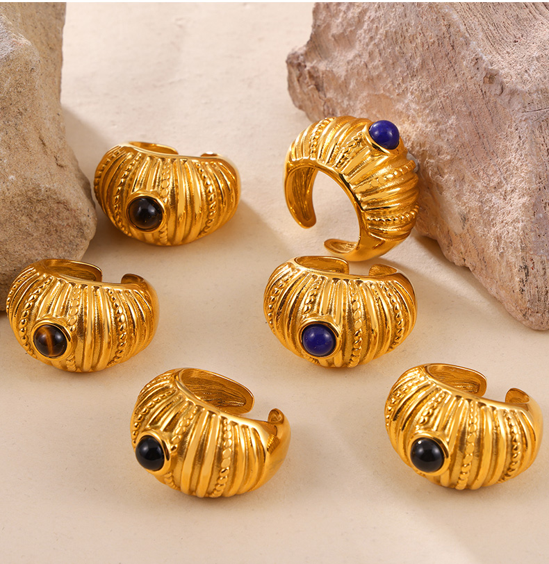 Retro Lady Classic Style Geometric Titanium Steel 18K Gold Plated Tiger Eye Open Rings In Bulk display picture 2