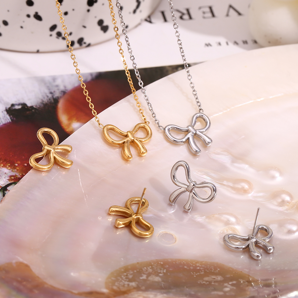 304 Stainless Steel 18K Gold Plated Sweet Simple Style Classic Style Plating Bow Knot Earrings Necklace display picture 5