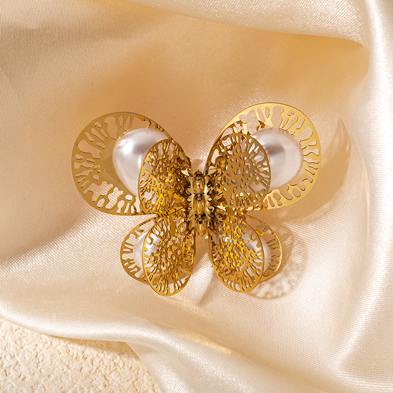 Élégant Style Vintage Dame Papillon Acier Inoxydable 304 Plaqué Or Perles Artificielles Anneau Ouvert En Masse display picture 2
