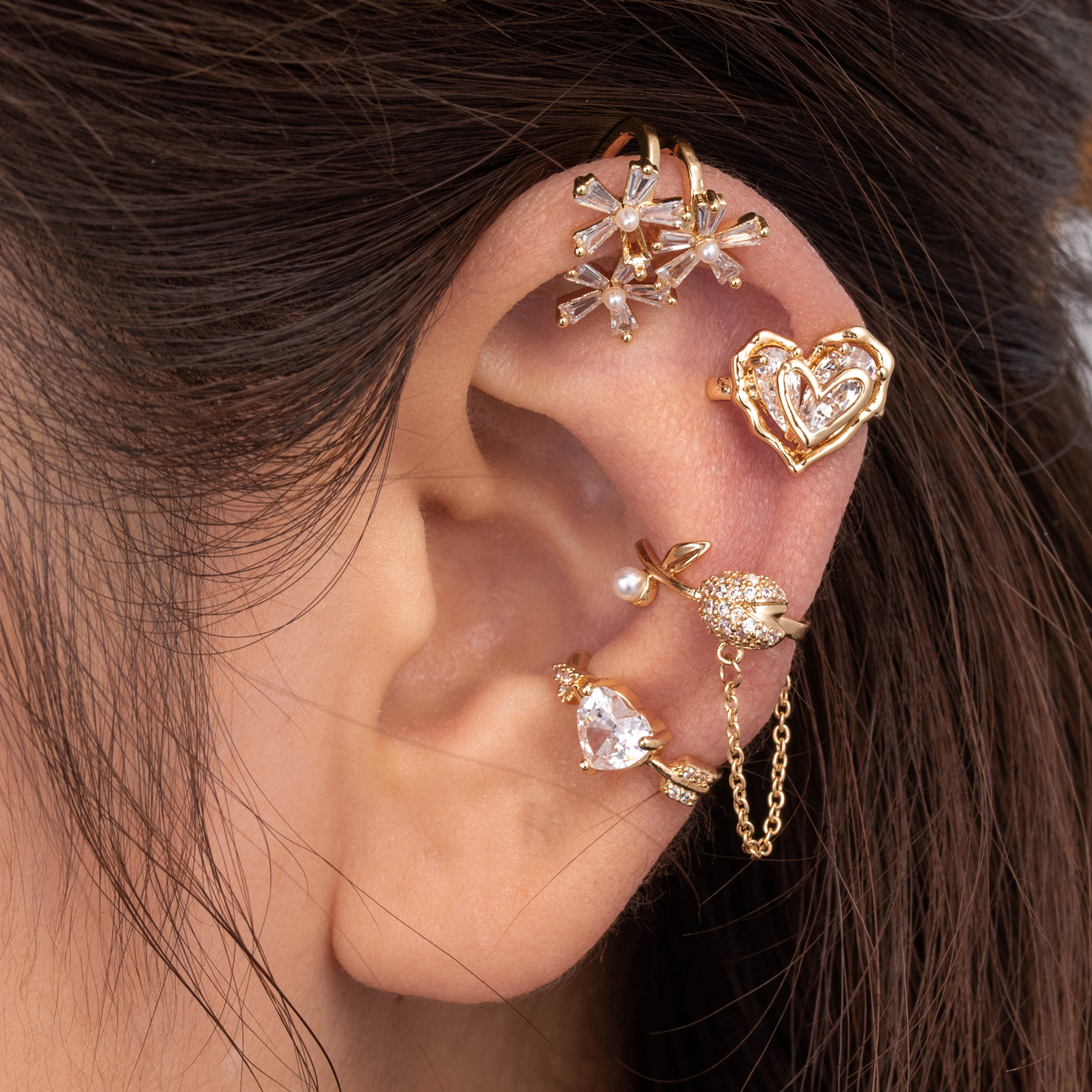 1 Piece Simple Style Classic Style Heart Shape Flower Bow Knot Inlay Copper Zircon Ear Cuffs display picture 23