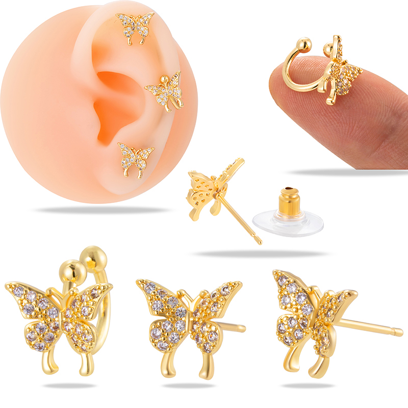 3 Pieces Set Ear Cartilage Rings & Studs Simple Style Classic Style Butterfly Copper Inlay Zircon Ear Cartilage Rings & Studs display picture 6
