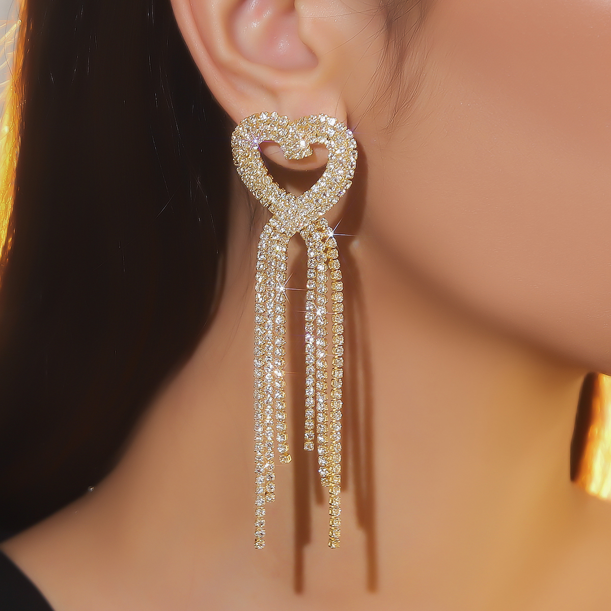 1 Pair IG Style Elegant Lady Letter Tassel Heart Shape Inlay Copper Alloy Rhinestones Drop Earrings display picture 9