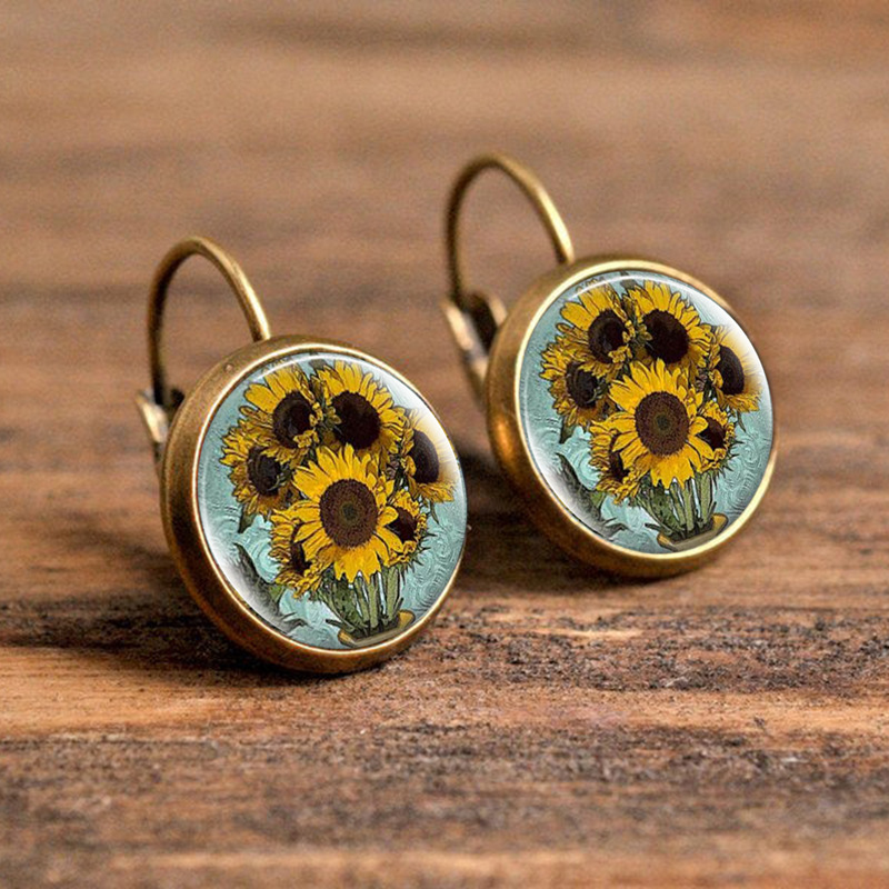 1 Pair Retro Classic Style Sunflower Inlay Alloy Glass Drop Earrings display picture 2