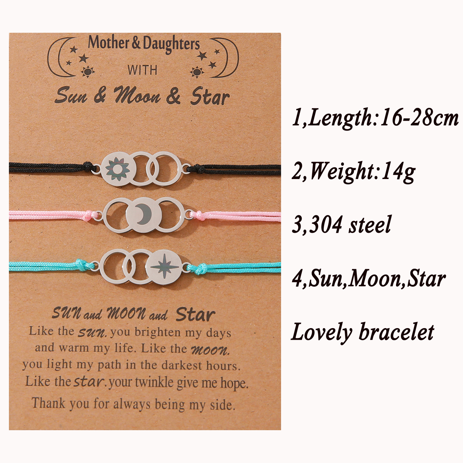 Basic Sweet Classic Style Sun Star Moon 304 Stainless Steel CCB Rayon Polishing Mother'S Day Women's Drawstring Bracelets display picture 1