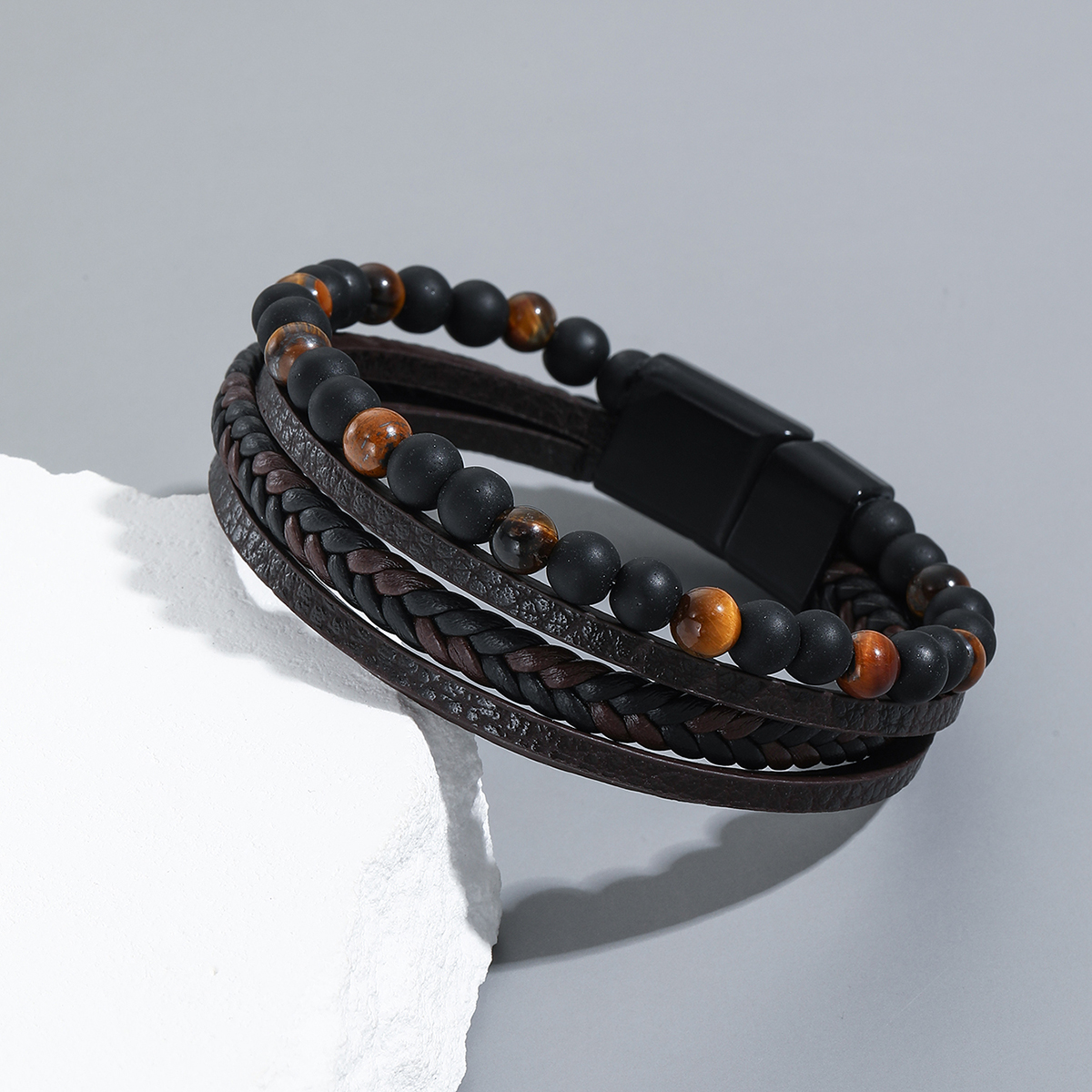 Simple Style Geometric Pu Leather Beaded Men's Bracelets display picture 1
