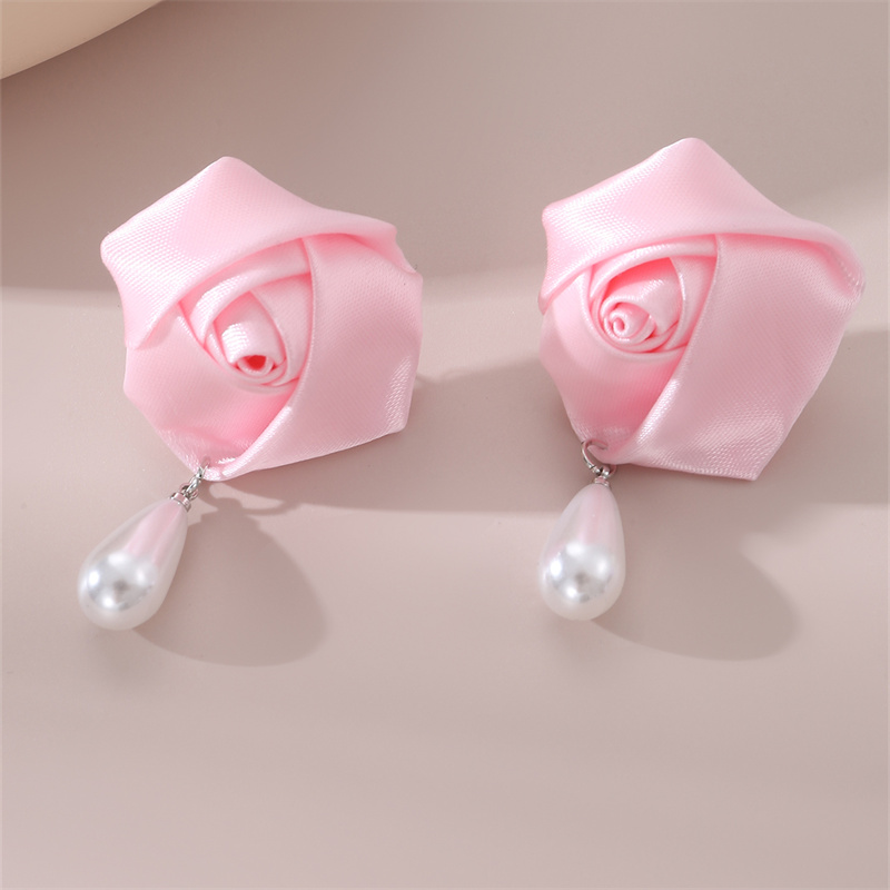 1 Paire Mignon Dame Sucré Fleur Perle Artificielle Chiffon Boucles D'Oreilles display picture 7