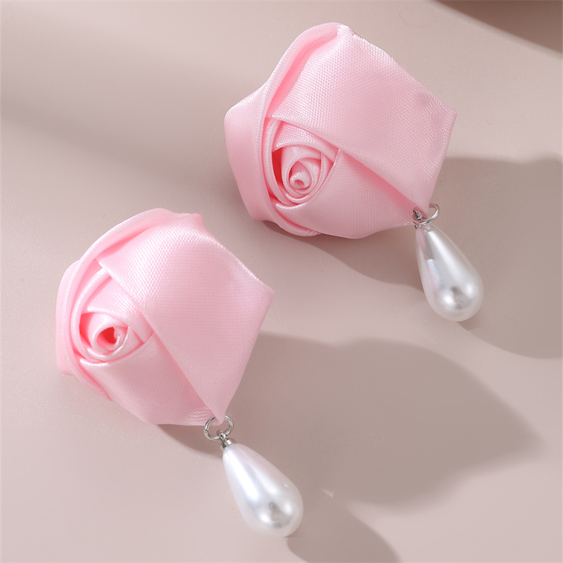 1 Paire Mignon Dame Sucré Fleur Perle Artificielle Chiffon Boucles D'Oreilles display picture 8